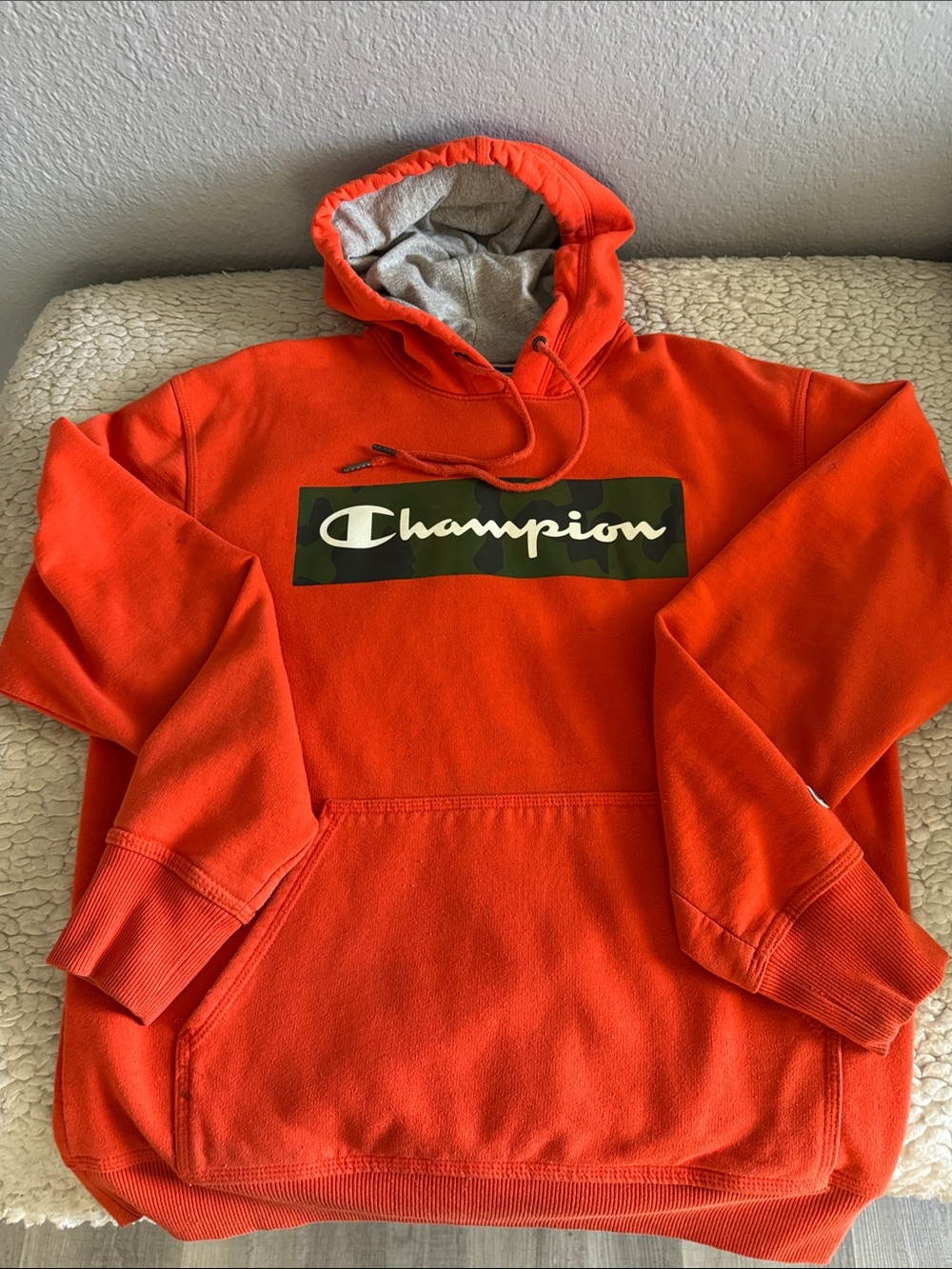 Champion Orange Pullover Hoodie with Logo Panel